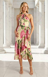 Woman wearing a floral dress on a white background