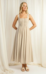 Kaye Pleated Midi Dress - Beige
