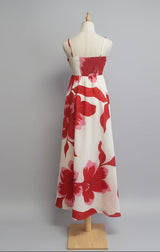 Red and white floral dress on a mannequin against a plain background