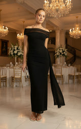 Woman wearing a black off-shoulder gown with a cityscape background