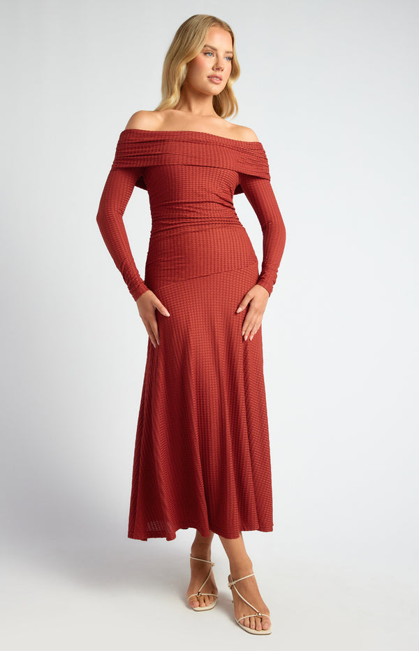 Off Shoulder Maxi Dress - Burnt Red