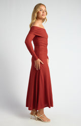 Off Shoulder Maxi Dress - Burnt Red