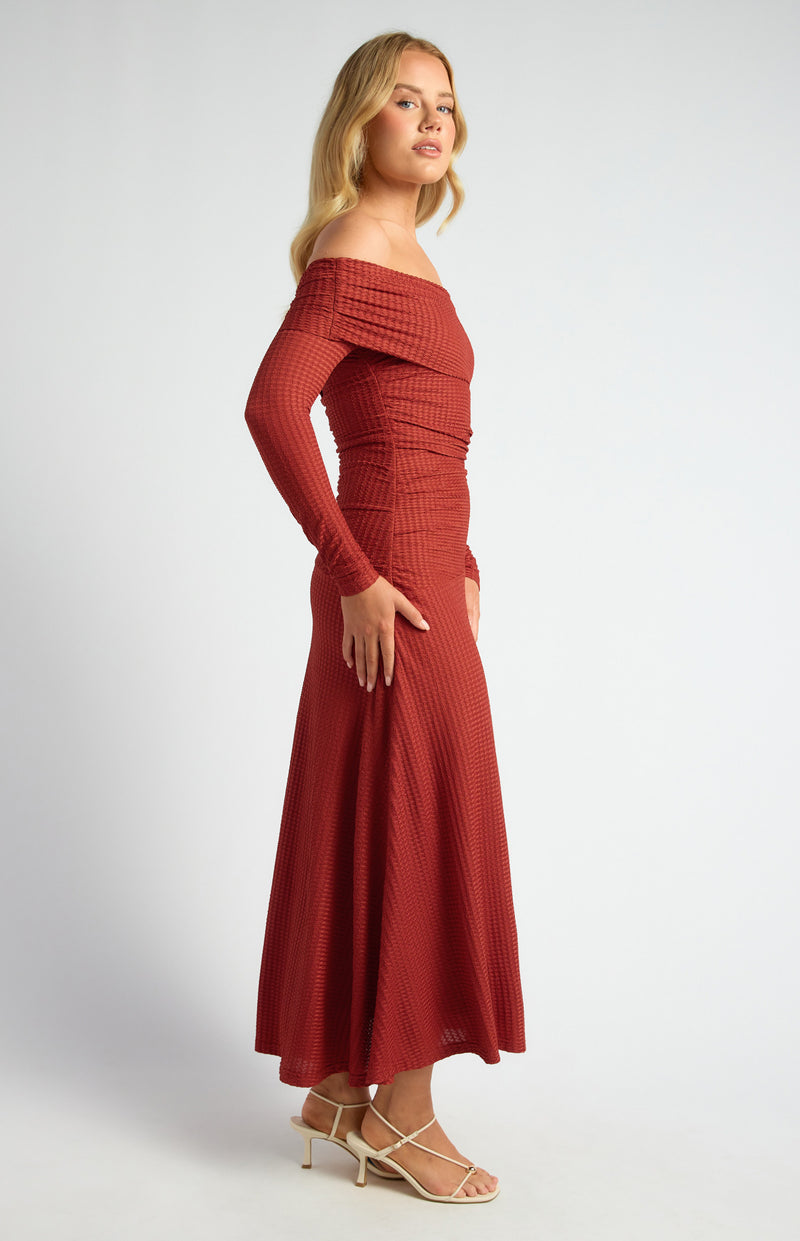 Off Shoulder Maxi Dress - Burnt Red