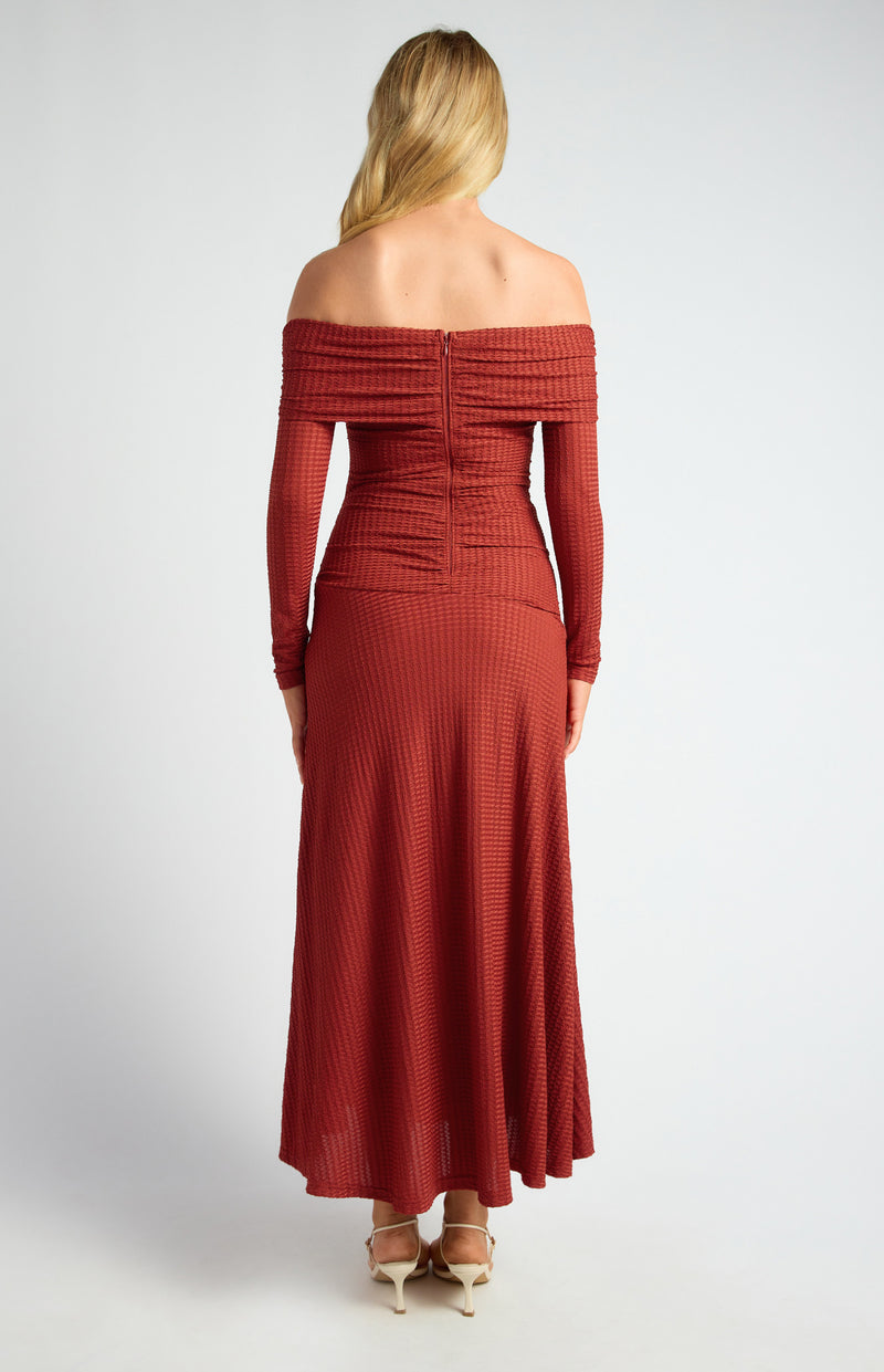 Off Shoulder Maxi Dress - Burnt Red
