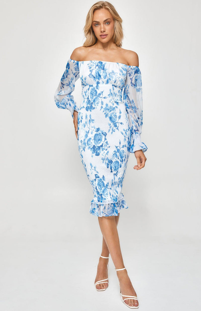 Venus Shirred Midi Dress - Blue Floral - First Design