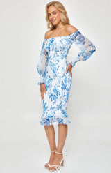 Venus Shirred Midi Dress - Blue Floral - First Design