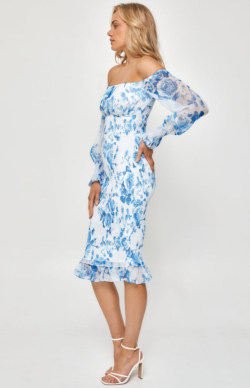 Venus Shirred Midi Dress - Blue Floral - First Design