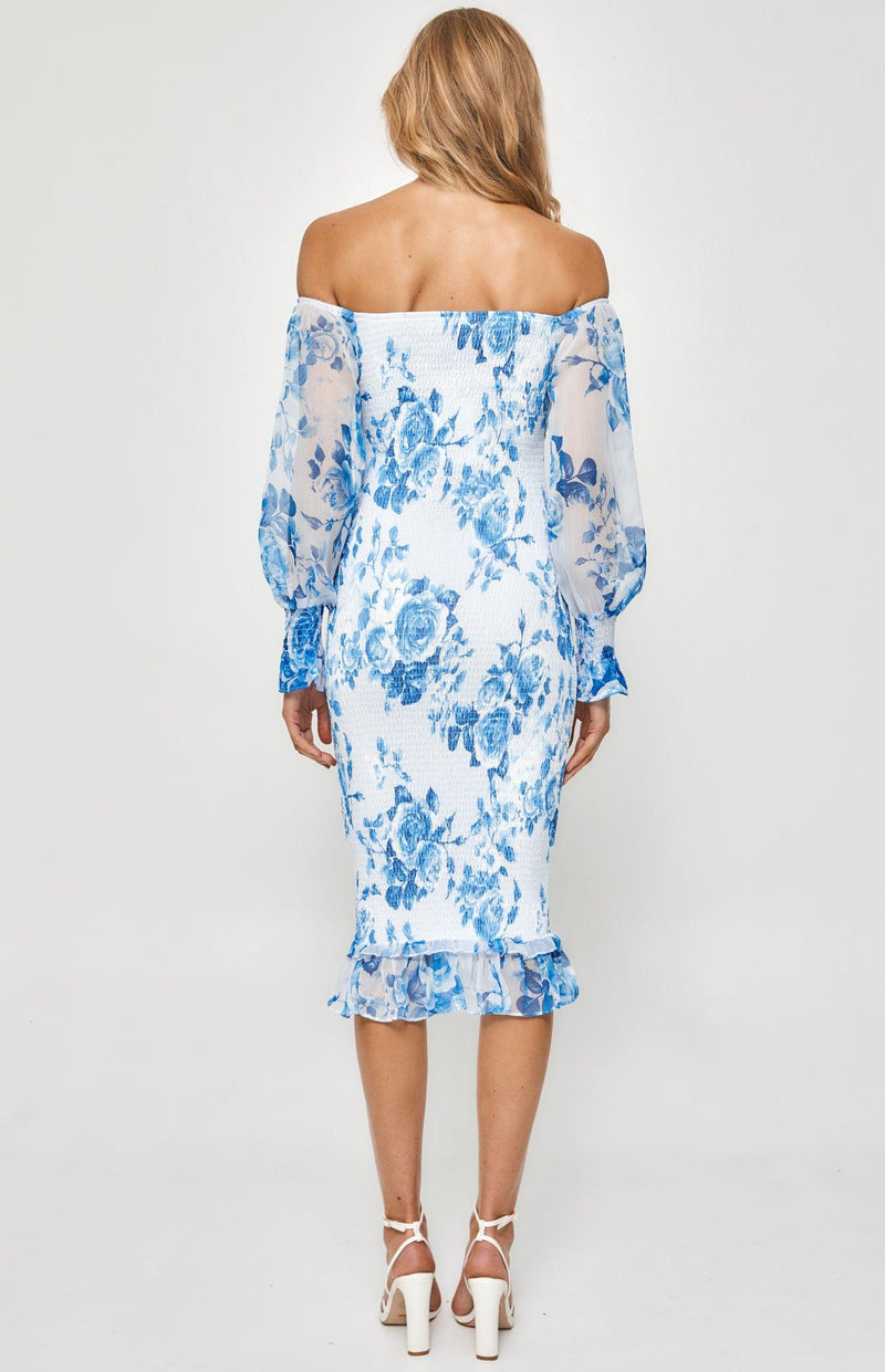 Venus Shirred Midi Dress - Blue Floral - First Design