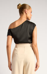 Avery Asymmetric Satin Top - Black
